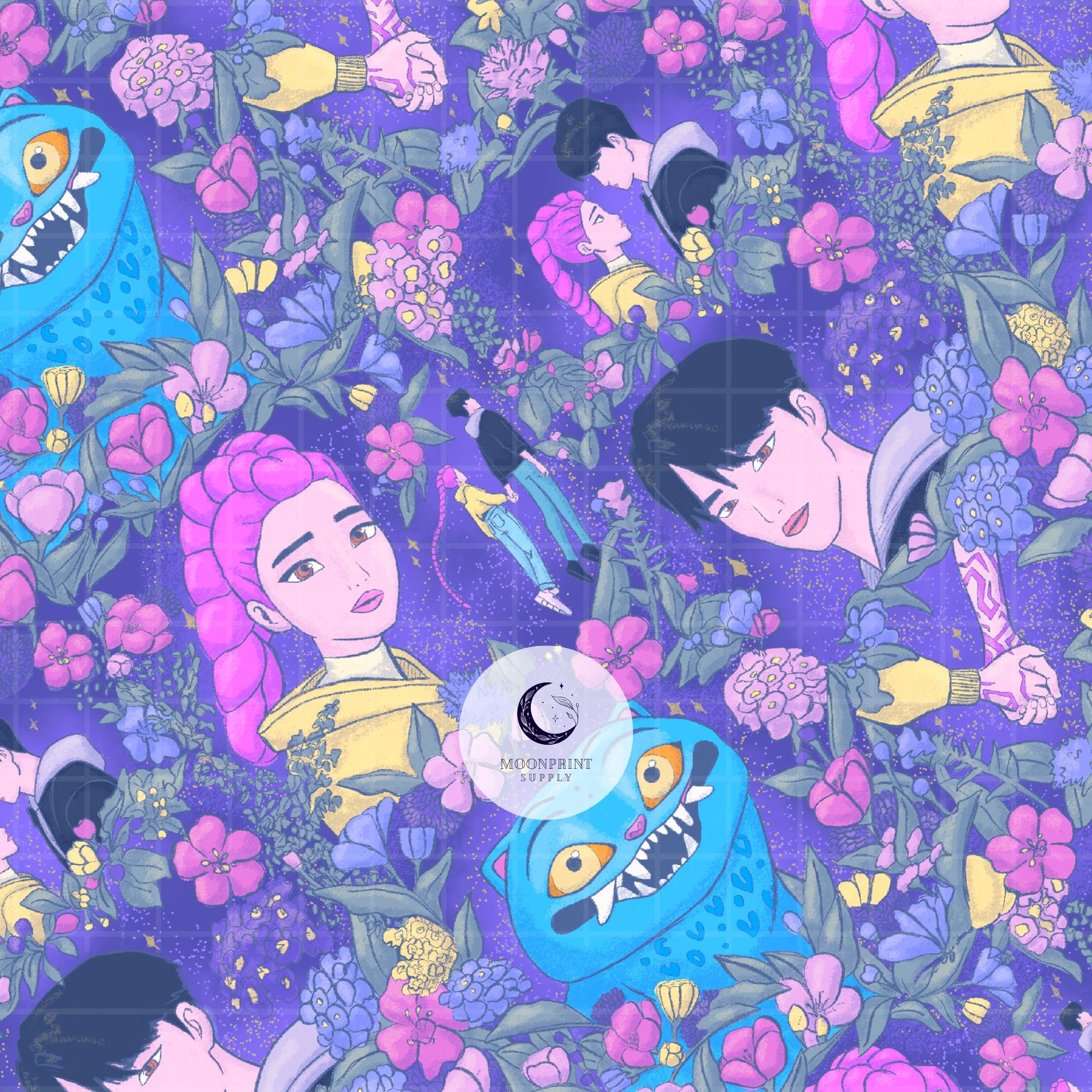 Kpop Demon Hunters Seamless Pattern Digital Download highlighting Rumi, Jinu, and Derpy for Personal and Commercial Use