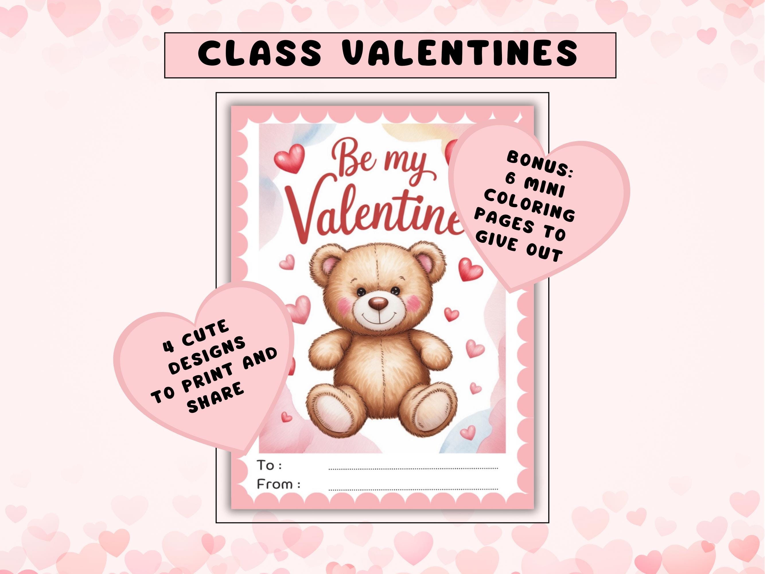 Classroom Valentines for Kids, Creative Non-Candy Cards with Mini Coloring Pages, Cute Bear Design, Printable Valentines for School Parties