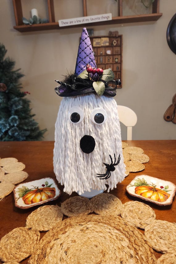 Halloween Mop Head Ghost White Halloween Ghost Decor Halloween Mantel Decor Witch Ghost With Spider Haunted Ghost Halloween Rope Ghost Decor