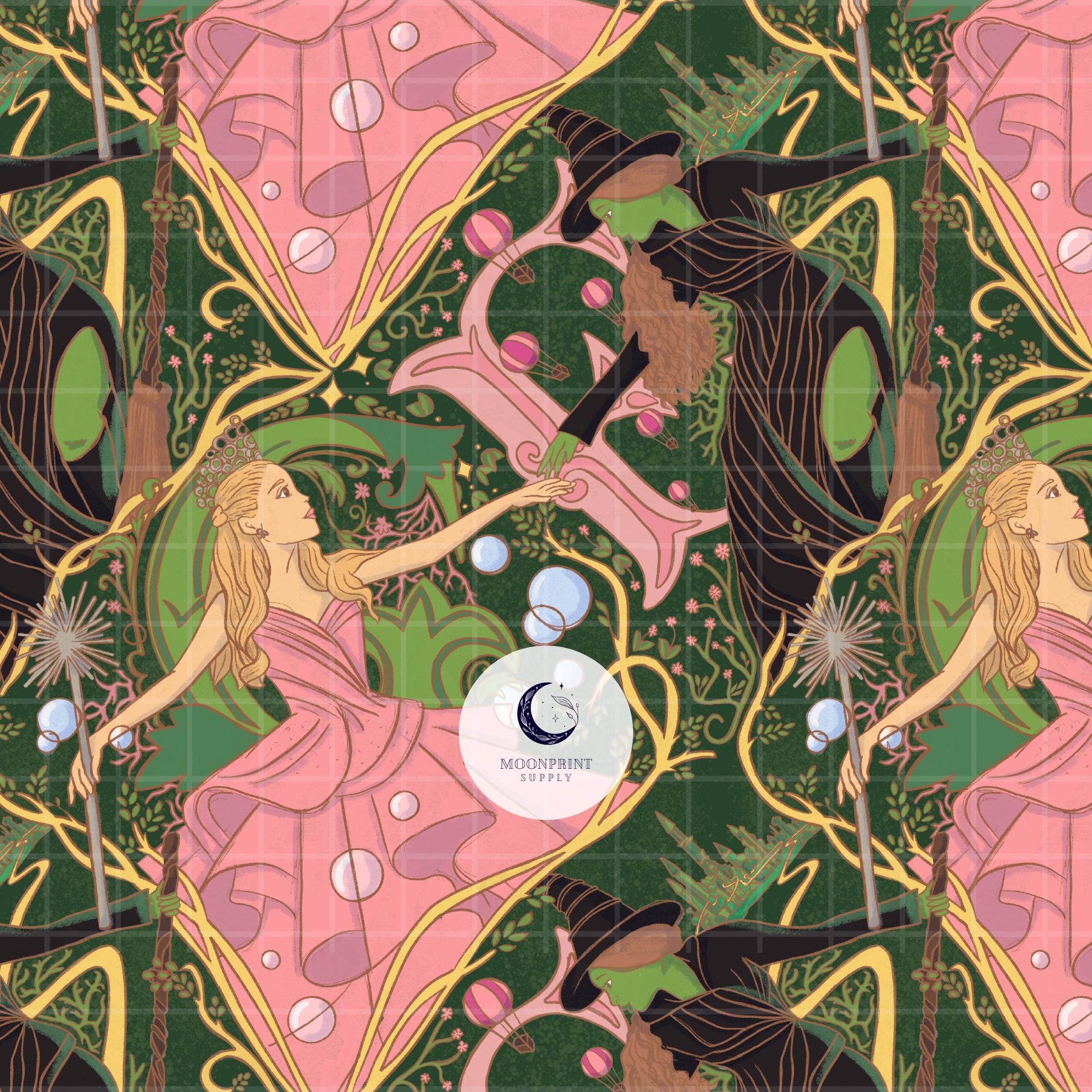 Wicked Seamless Pattern Featuring Glinda & Elphaba Hand Drawn Digital Download