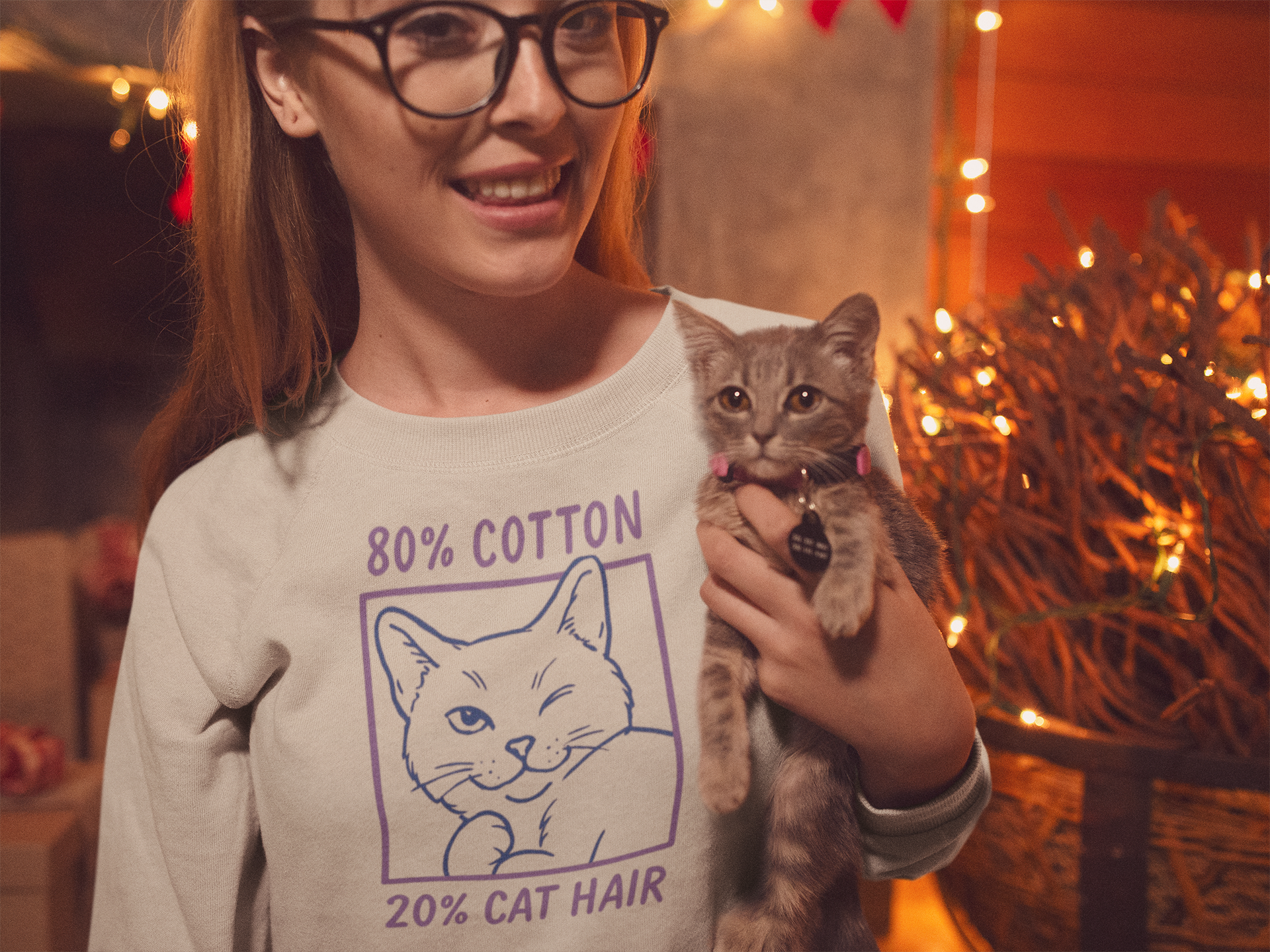 Charming 80% Cotton Cat Crew