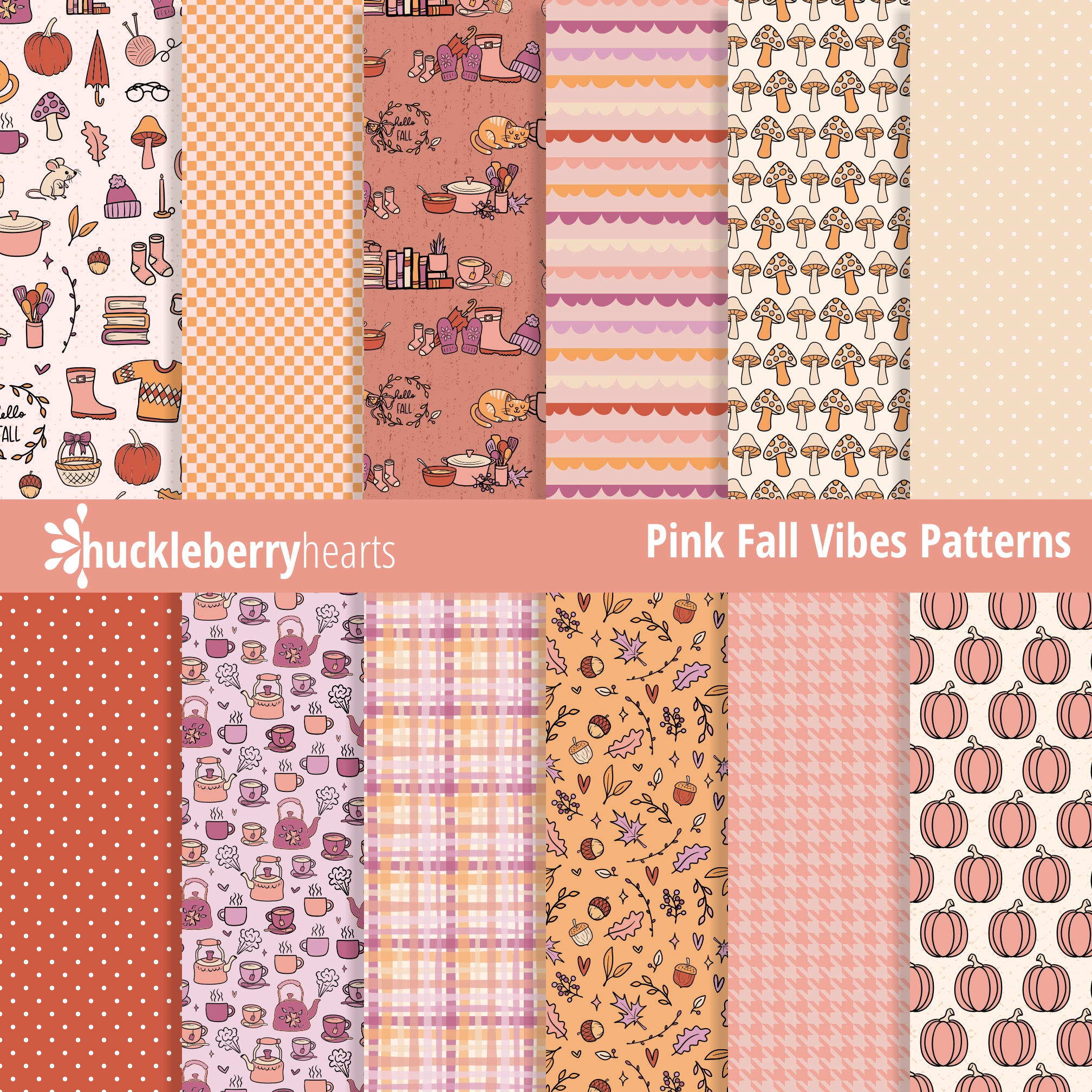 Pink Fall Vibe Seamless Patterns | Cute Autumn Digital Paper Pack