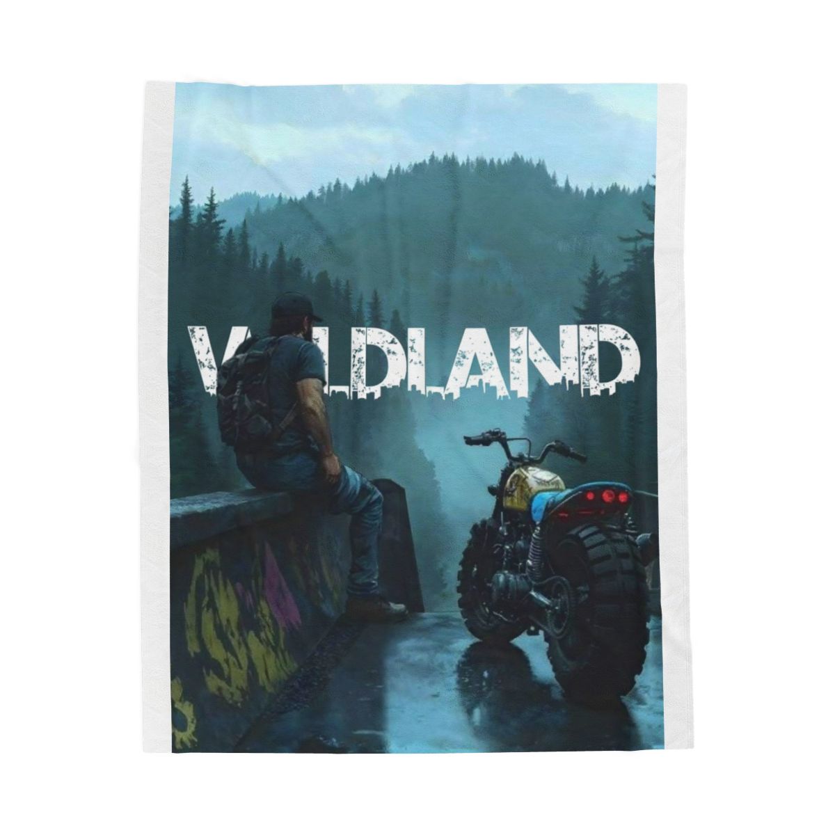 Velveteen Plush Blanket — Adventure Motorcycle Scenic Throw with "WILDLAND" Graphic