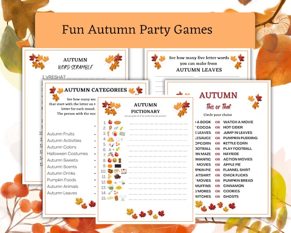 Autumn Game Bundle | Fun Fall Activities and Games for All Ages | Pictionary, Word Scramble, This or That, Categories, and more!