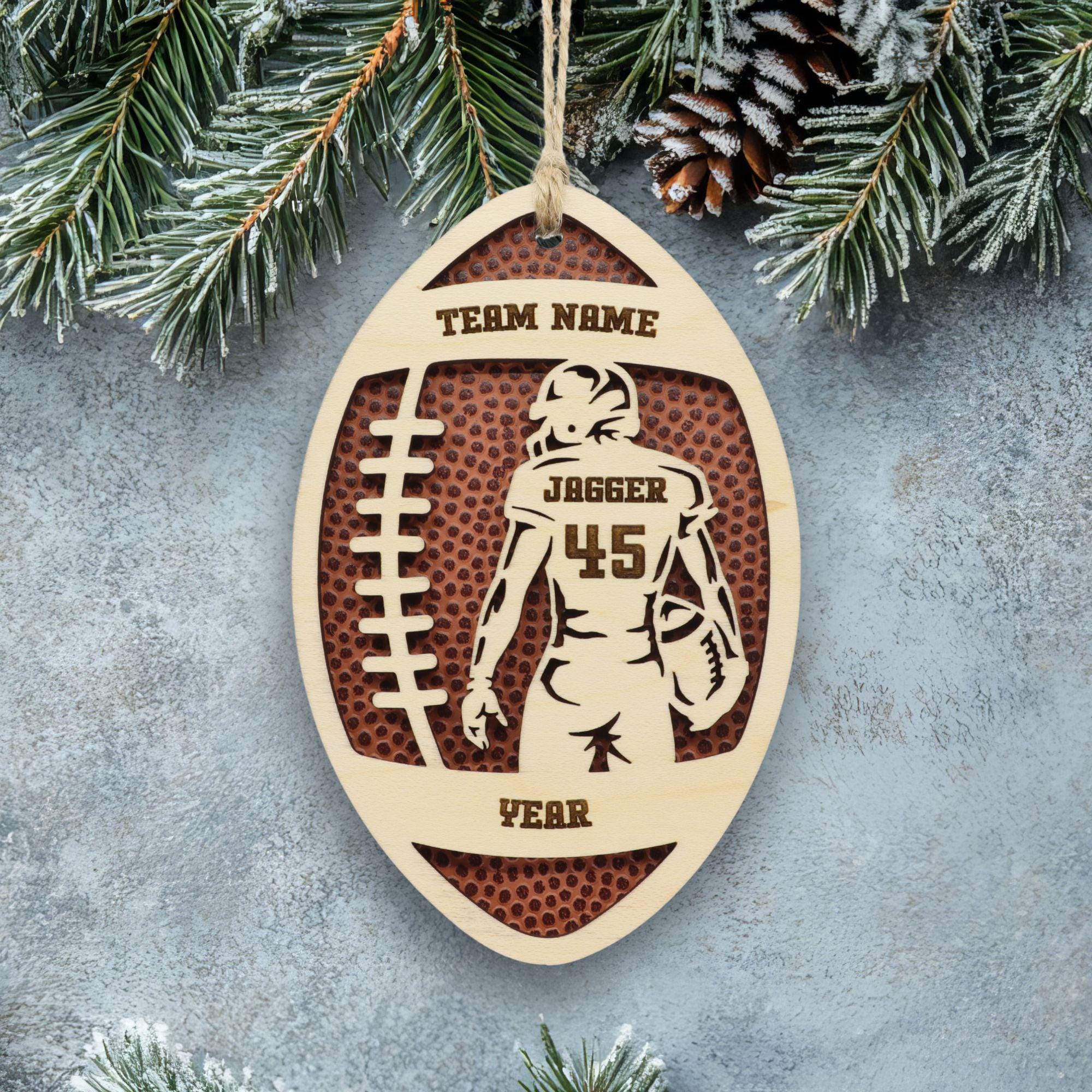 3D Football Ornament Personalized, Layered and Engraved Wooden Sports Ornament with Name and custom text, Senior Night Football Jersey Gift