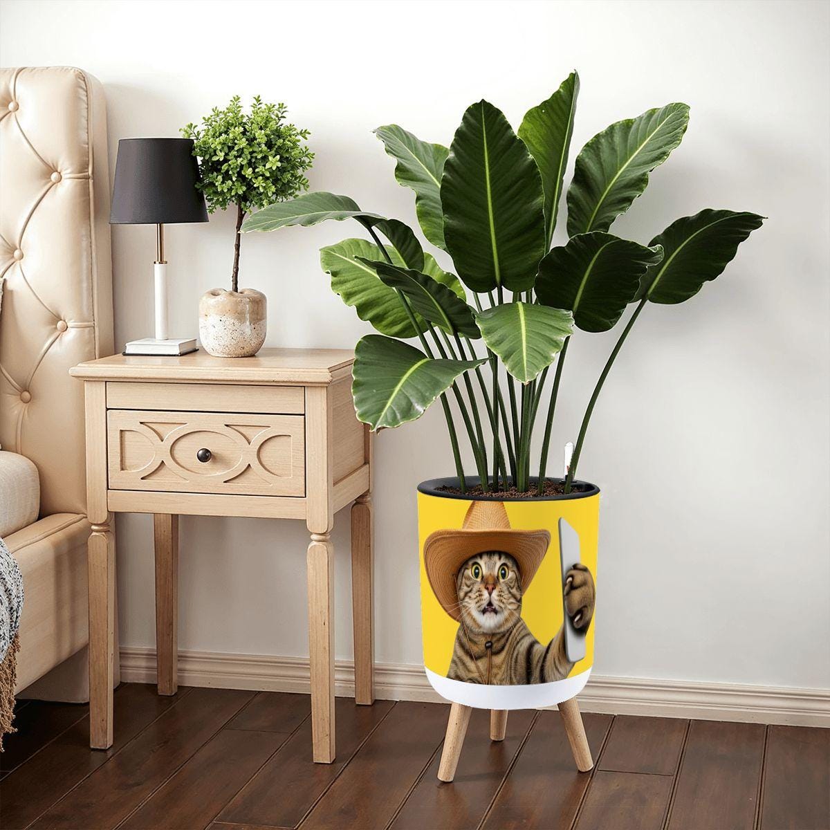 Elegant Self-Watering Planter with Wood Stand