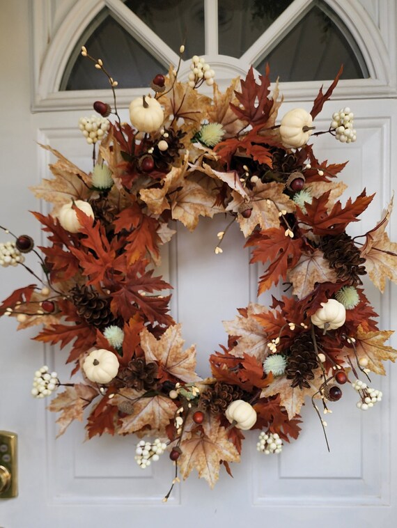 Fall Maple Leaf Neutral Colored Wreath For Front Door, Neutral Wreath For Front Door, Pinecone Decor, Autumn Wreath, Housewarming Gift