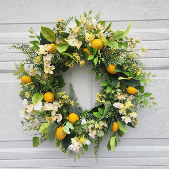 Lemon Wreath for Front Door – Bright Summer Farmhouse Decor or Kitchen Accent