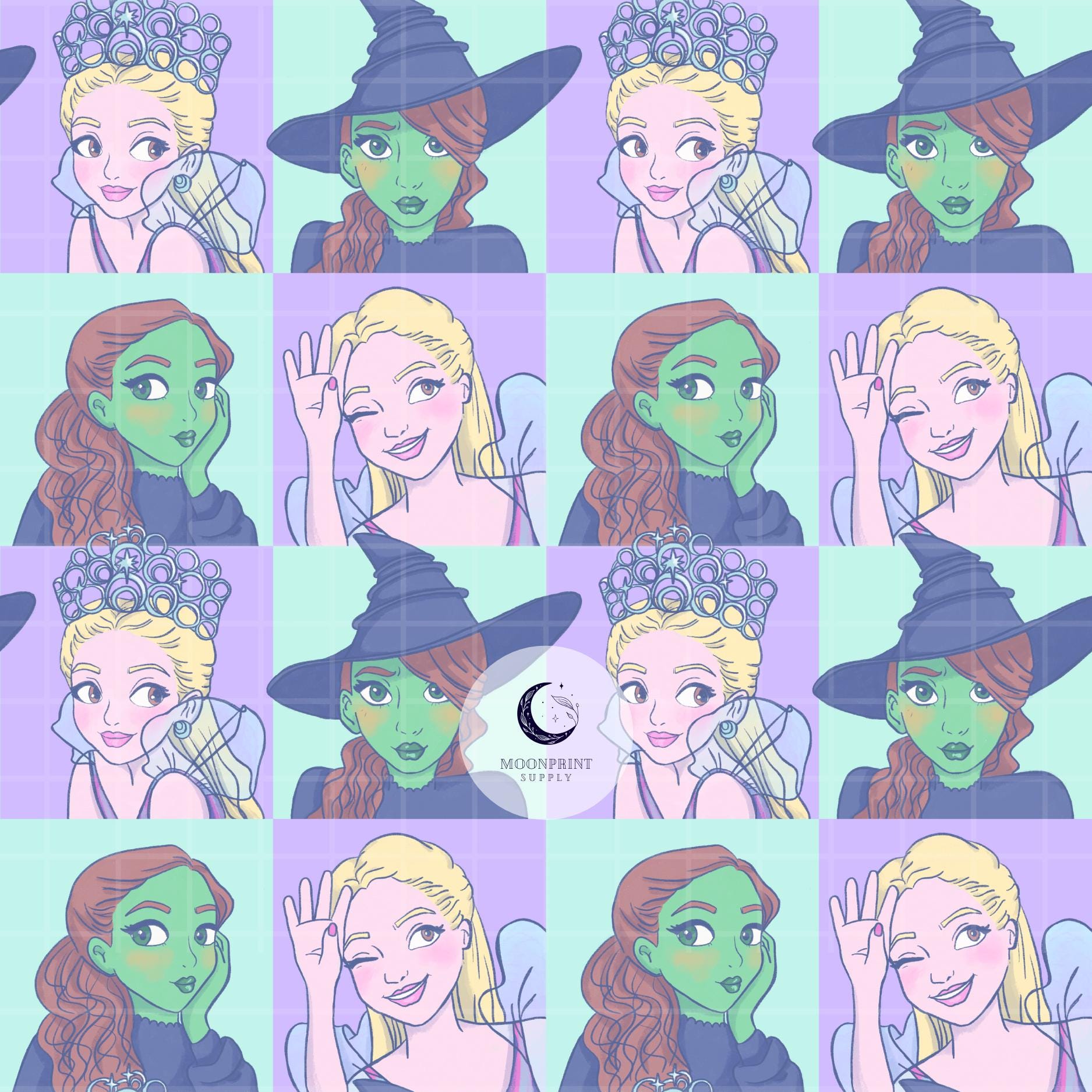 Wicked Hand-Drawn Seamless Pattern: Glinda and Elphaba Pastel Purple and Green Checkered Design