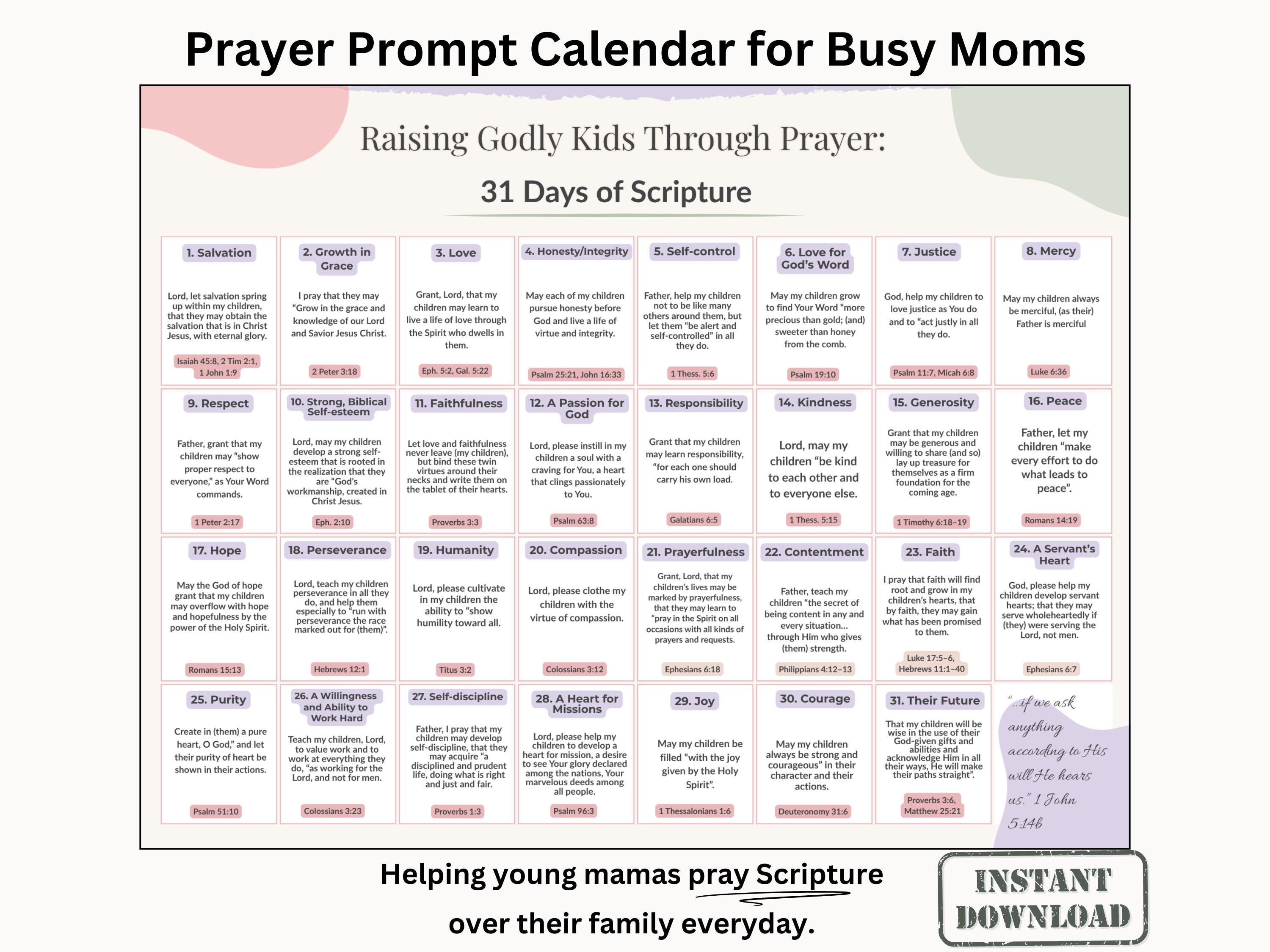 Christian Prayer Calendar for Moms | Daily Bible Verses | Scripture Based (Printable PDF)