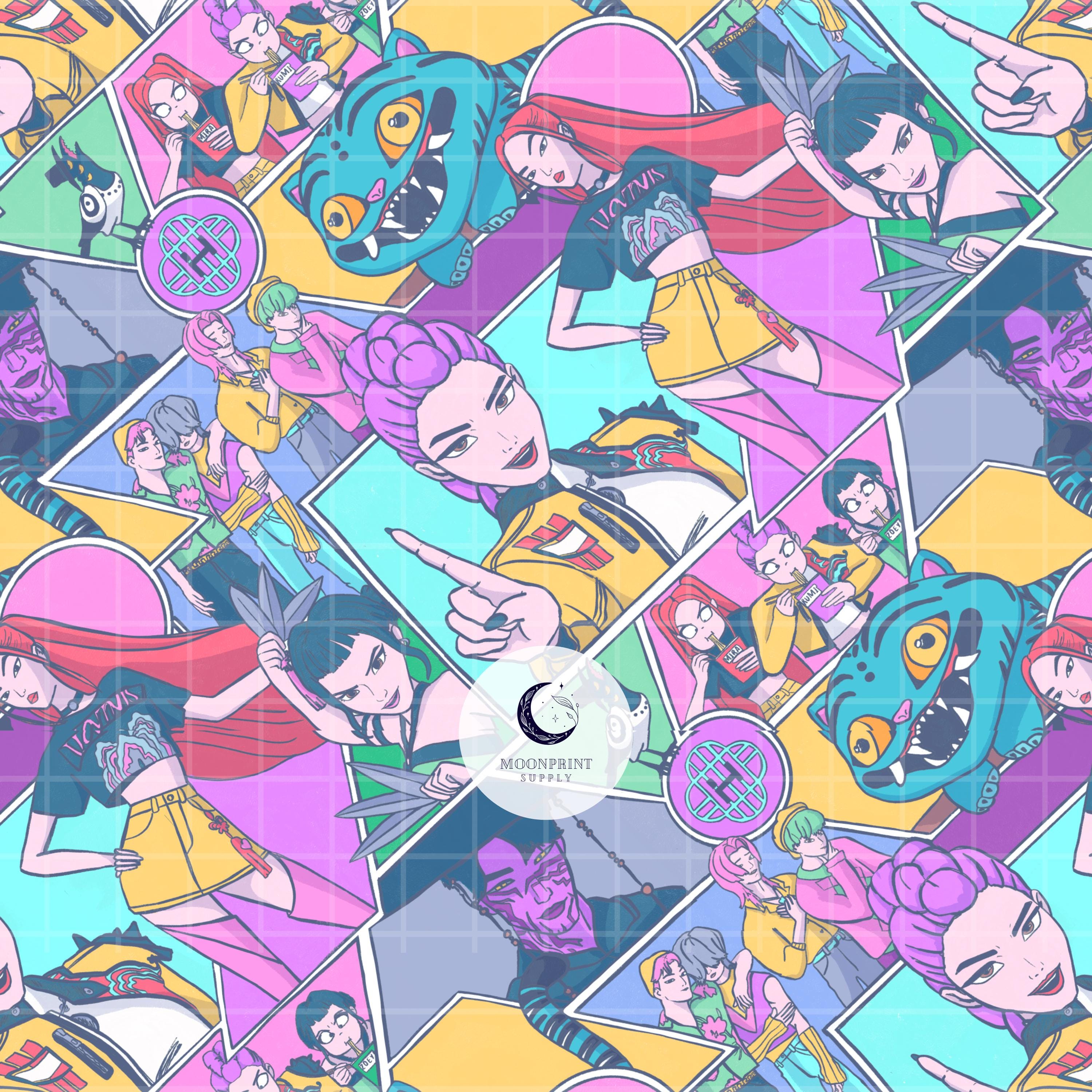 Kpop Demon Hunters Seamless Pattern Digital Download highlighting Rumi Mira Zoey Saja Boys Derpy Cat and Sussie Bird