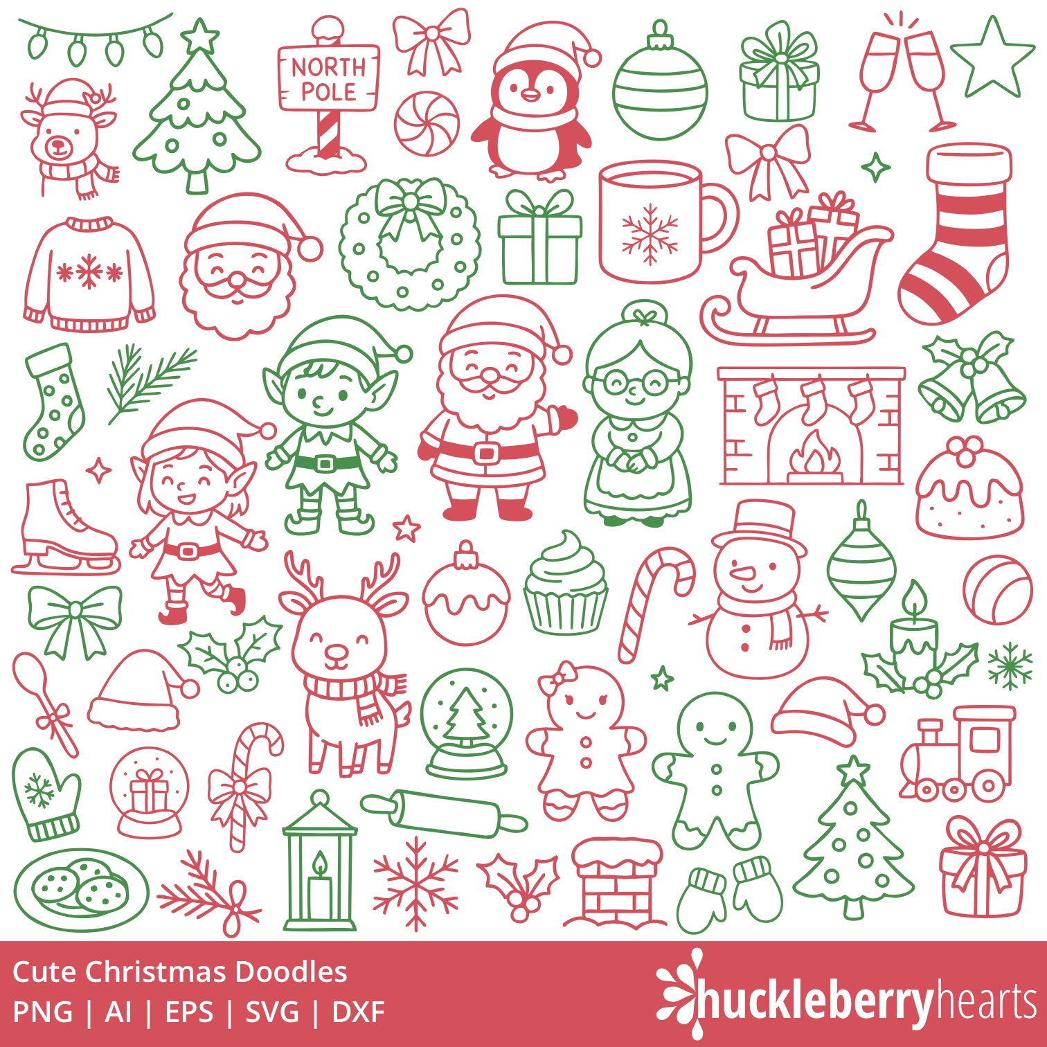 Cute Christmas Doodles SVG PNG | Santa Claus, Mrs Claus, Reindeer, Snowman, Christmas Tree Clipart Set (Commercial Use)