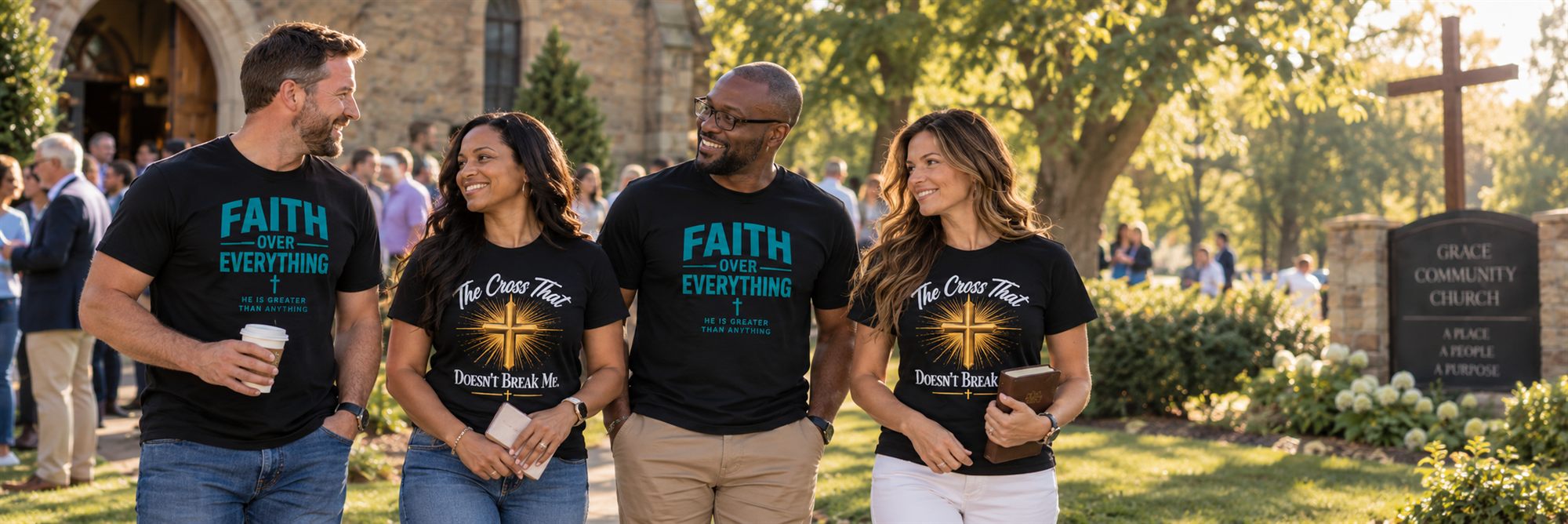 Four friends in Faith Over Everything and The Cross That Doesn’t Break Me tees walking outside a church
