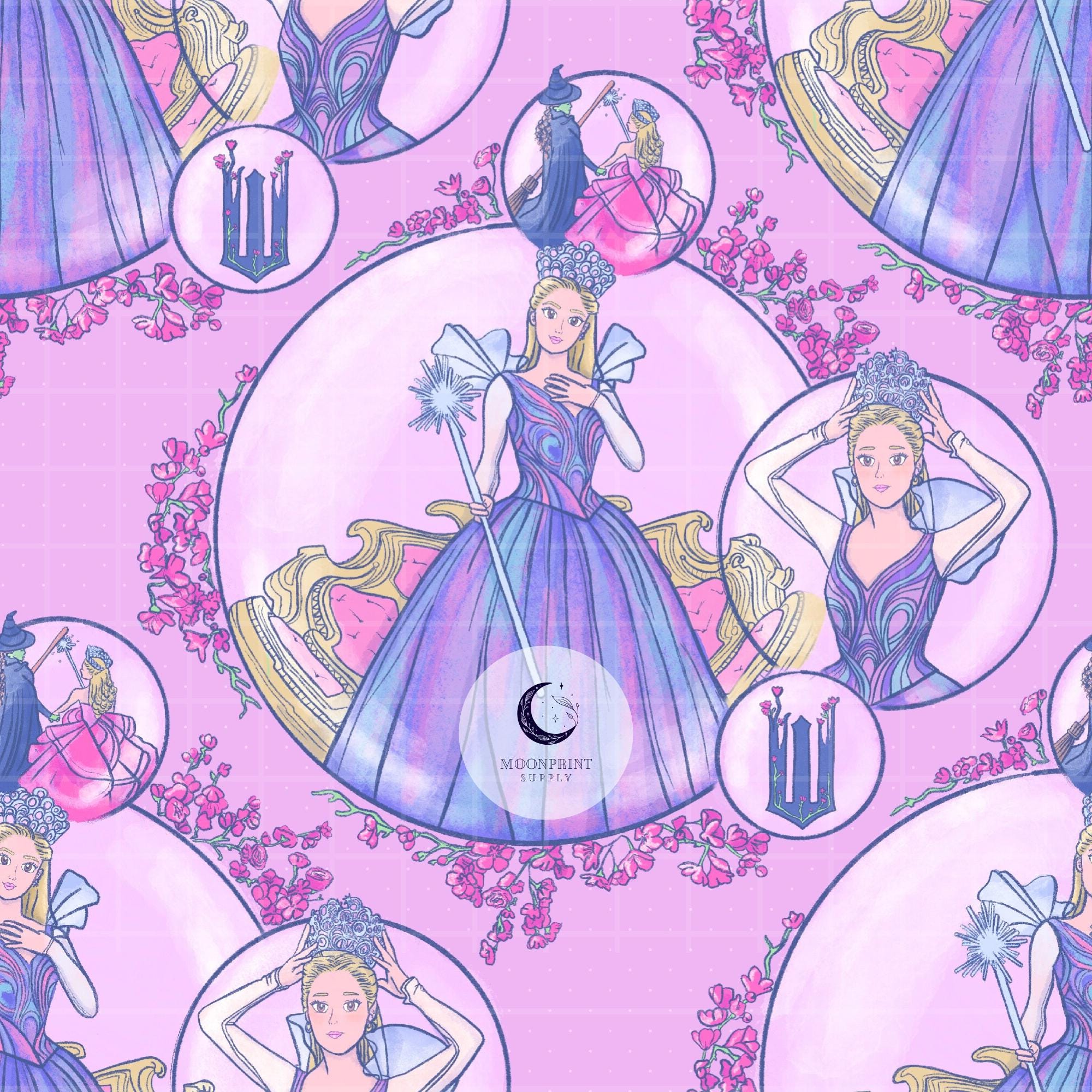 Hand-Drawn Wicked Glinda Seamless Pattern Repeat for Fabric, Sublimation (PNG Digital Download)