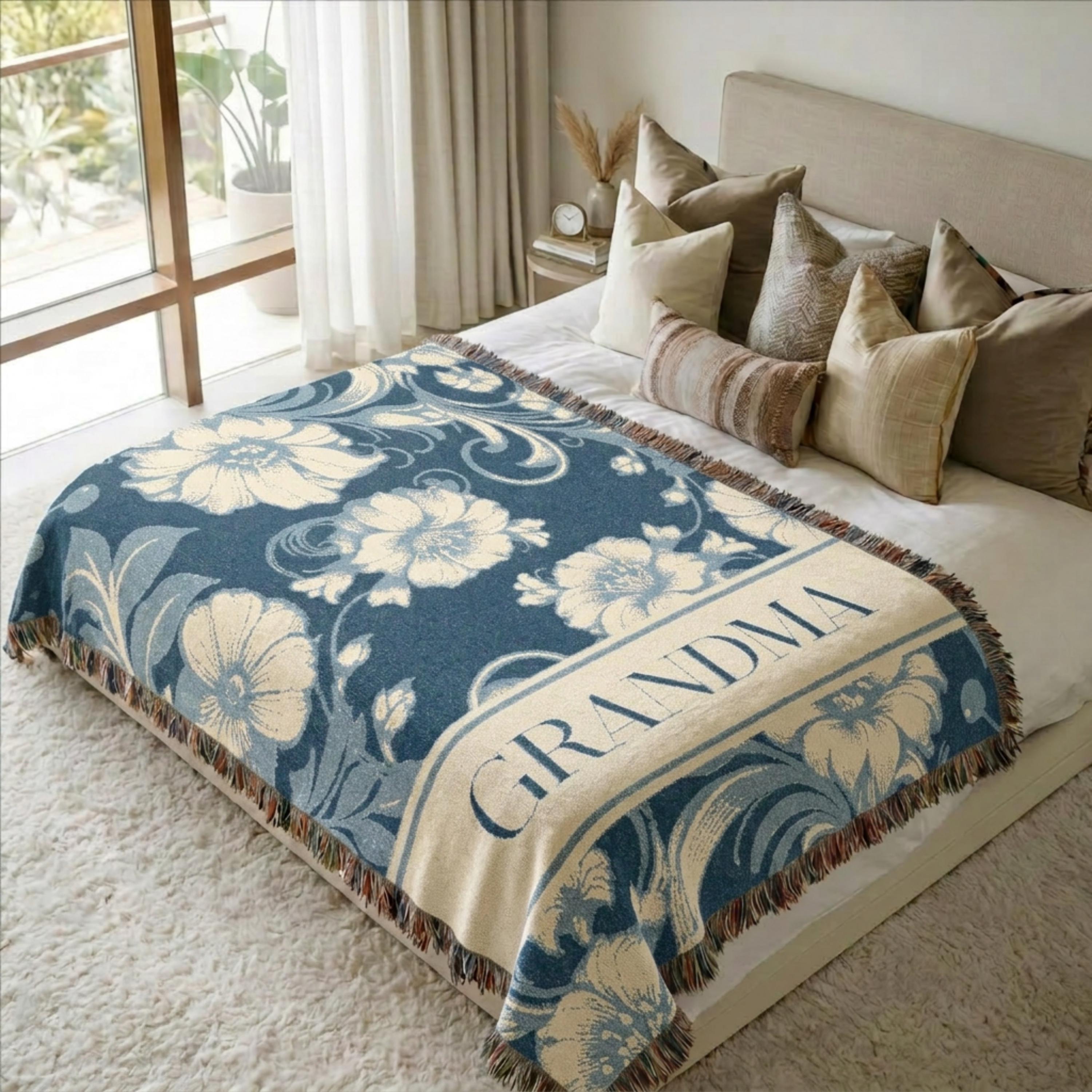 Personalized Woven Blanket - Home Decor Chinoiserie European Floral Design