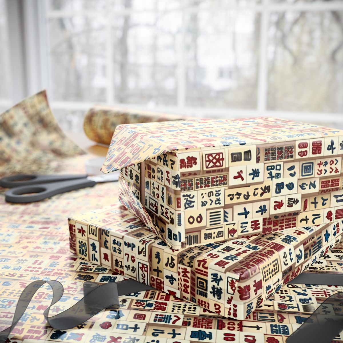EngraveWear | Vintage Mahjong Pattern Wrapping Paper | Asian Tile Icons Ho