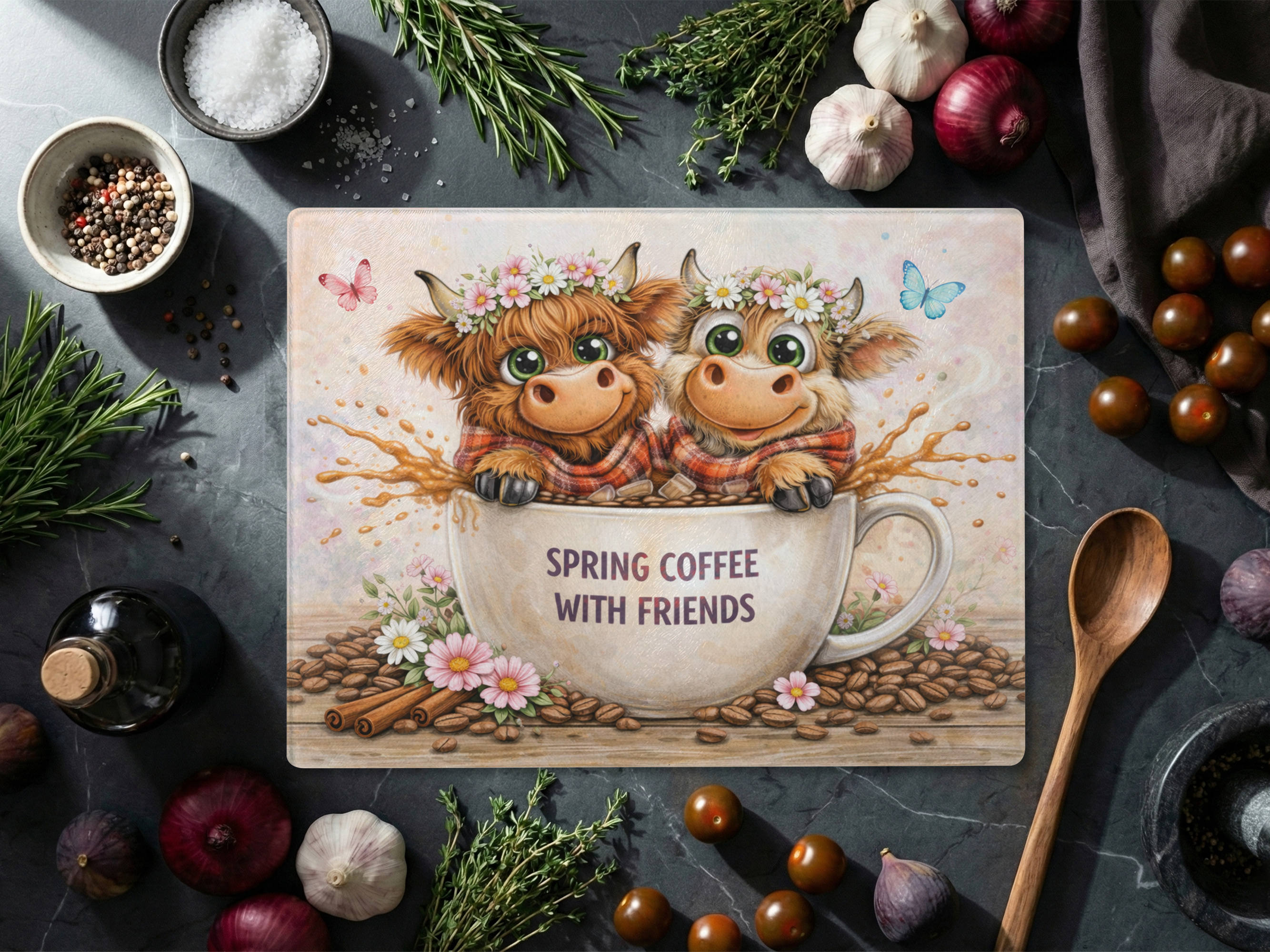 Highland Cow Humorous Coffee Kitchen Art - Sublimation Cutting Board PNG