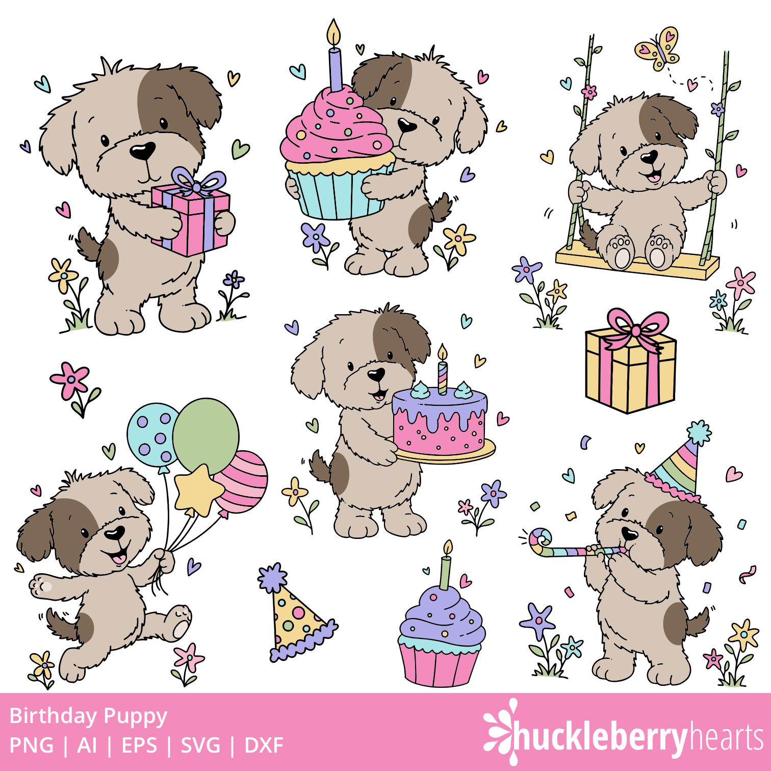 Birthday Puppy Clipart PNG | Cartoon Dog Party Graphics SVG | Commercial Use